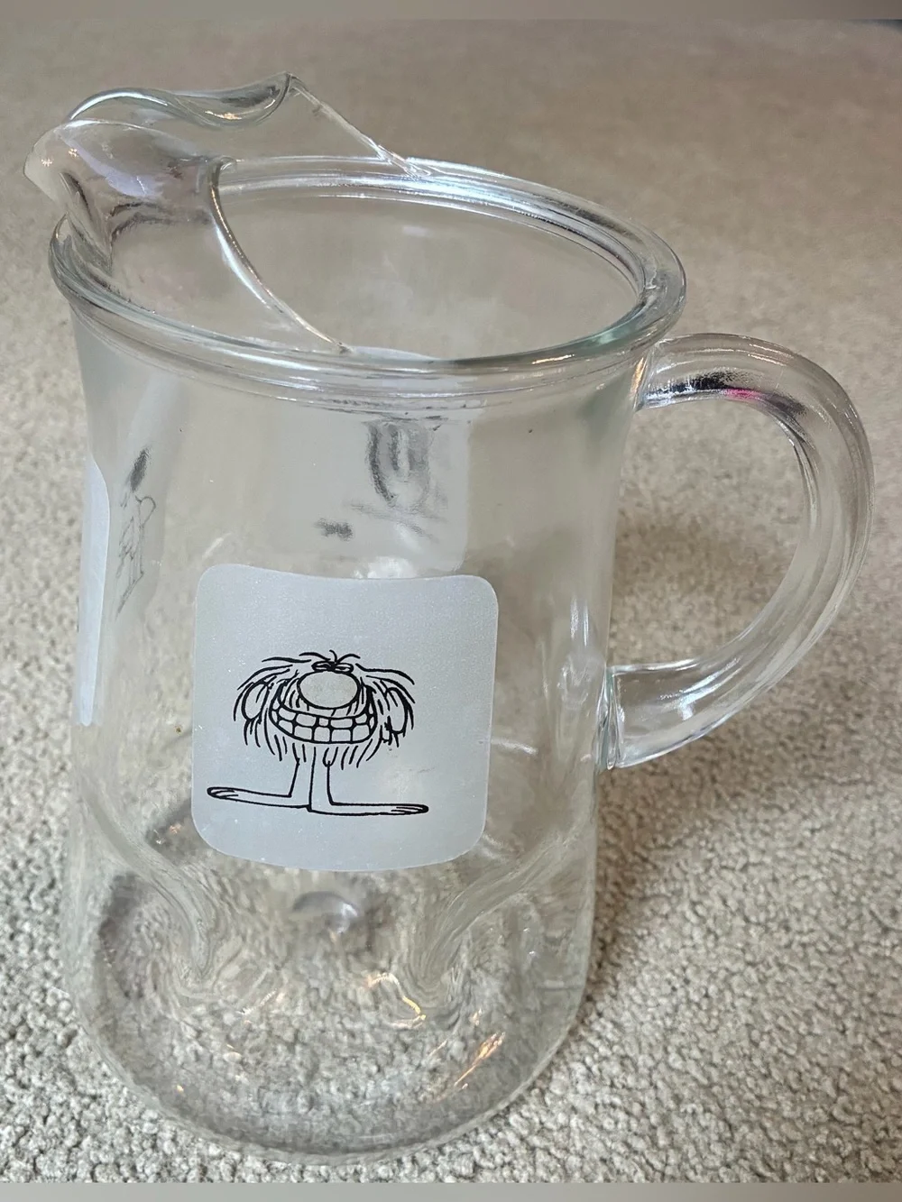 B C Comics Johnny Hart Grog 64 OZ Pitcher Dimpled Bottom Clear Glass 1970s